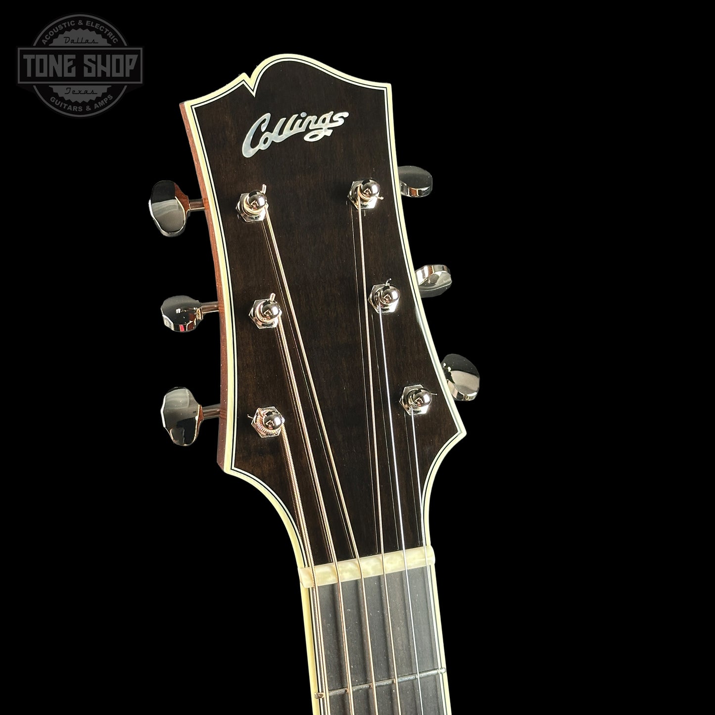 Headstock of Collings CJ Adirondack Sunburst Tigerstripe Pickguard.