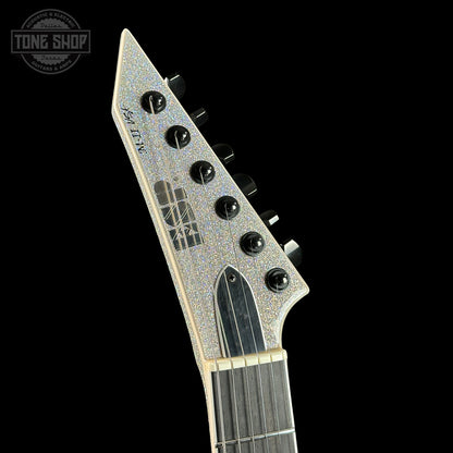 Close-up of a guitar neck with a glittery finish on a black background, featuring the Tone Shop logo.