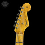 Headstock of Fender Custom Shop Limited Edition Roasted '54 Strat Journeyman Relic Aged Black.