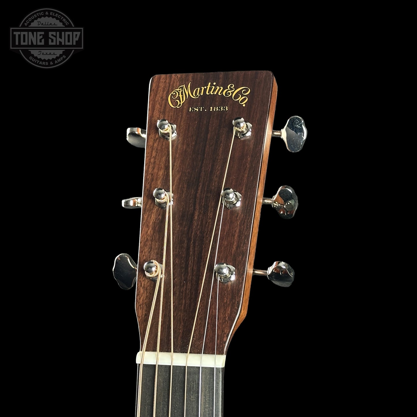Headstock of Martin Custom Shop 000 14-Fret Jaguar Claw Mahogany Sunburst.