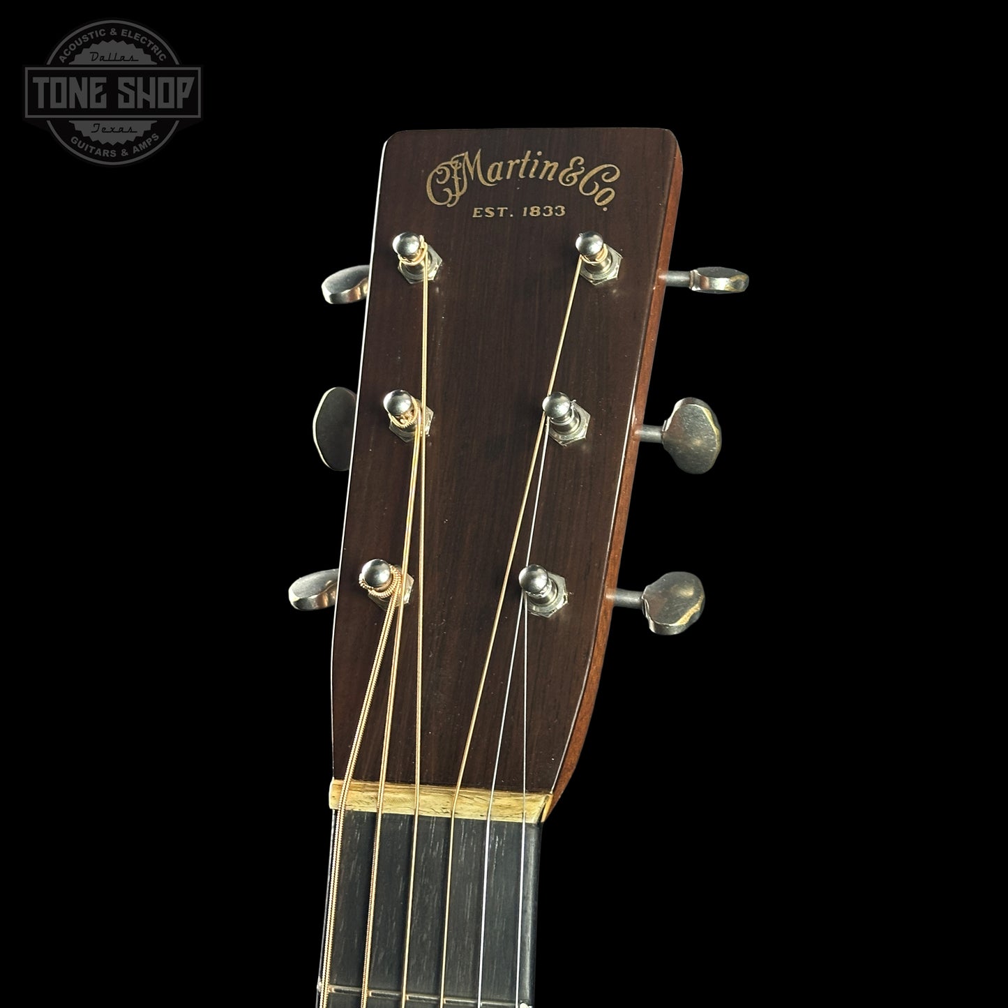 Guitar headstock with Martin & Co. branding on a black background
