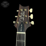 Guitar headstock with brand logo on a black background