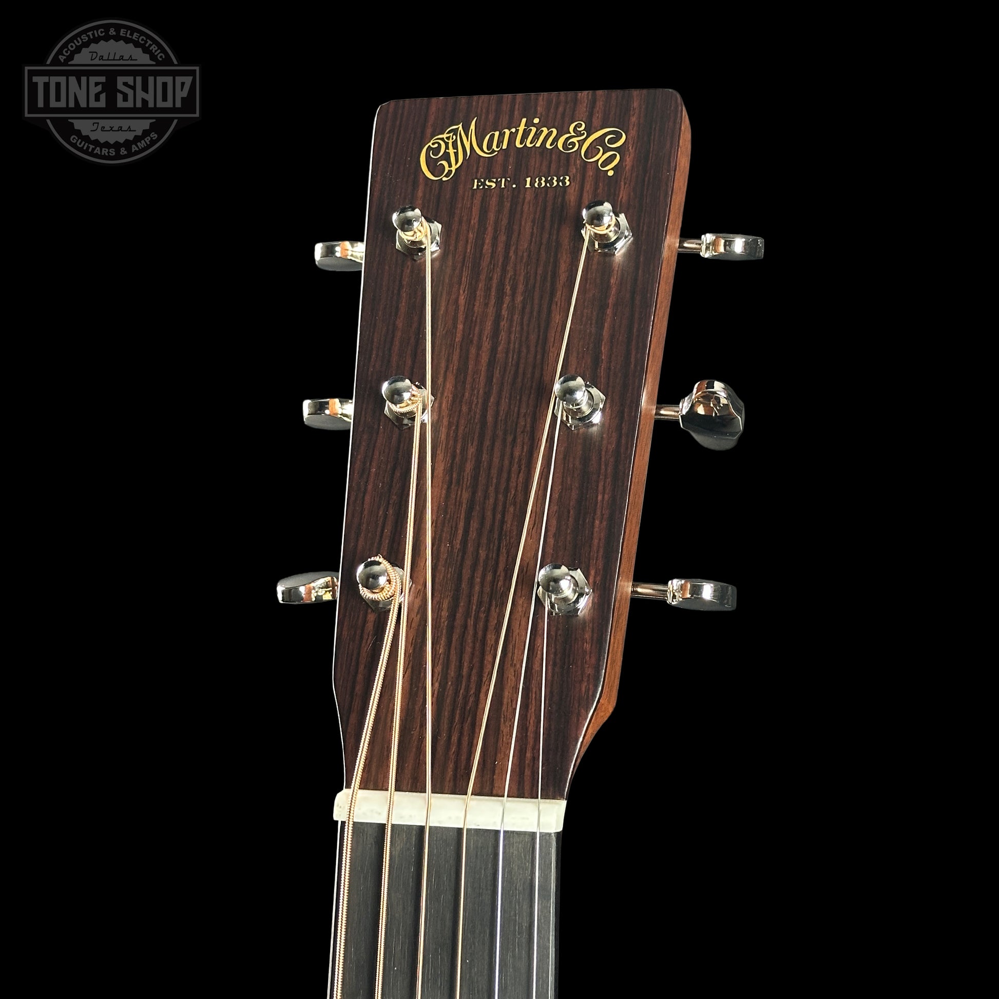 Guitar headstock with 'Martin & Co' branding on a black background