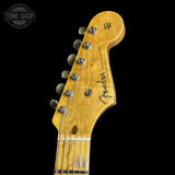 Headstock of Fender Custom Shop 70th Anniversary 1954 Stratocaster Relic Shell Pink.