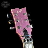 Headstock of ESP USA Eclipse Disco Pink Sparkle.