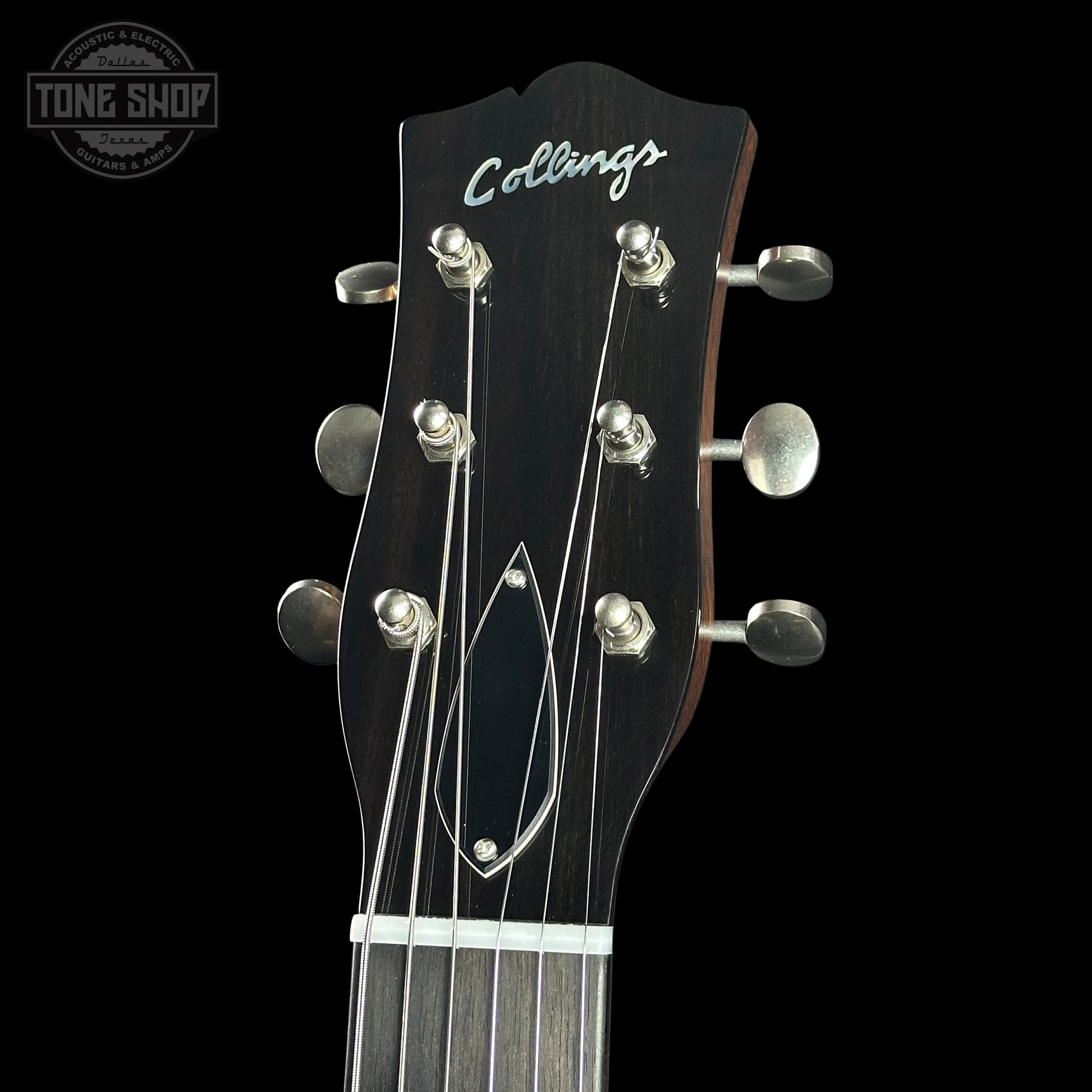 Headstock of Collings 470-JL Antiqued Black.