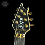 Headstock of EVH Custom Shop Wolfgang 2H Black Metallic/Candy Tangerine.