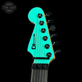 Headstock of Charvel Custom Shop DK24 HH FR Reverse Headstock Sea Foam Green.