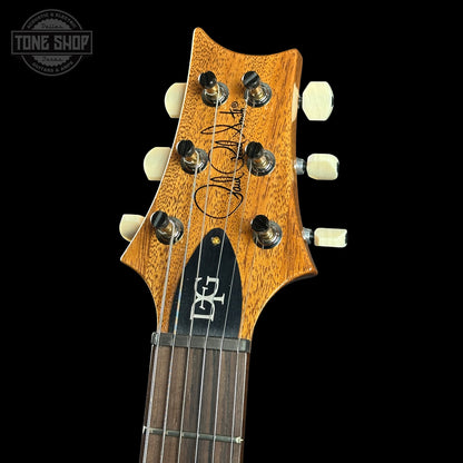 Guitar headstock with brand logo on a black background