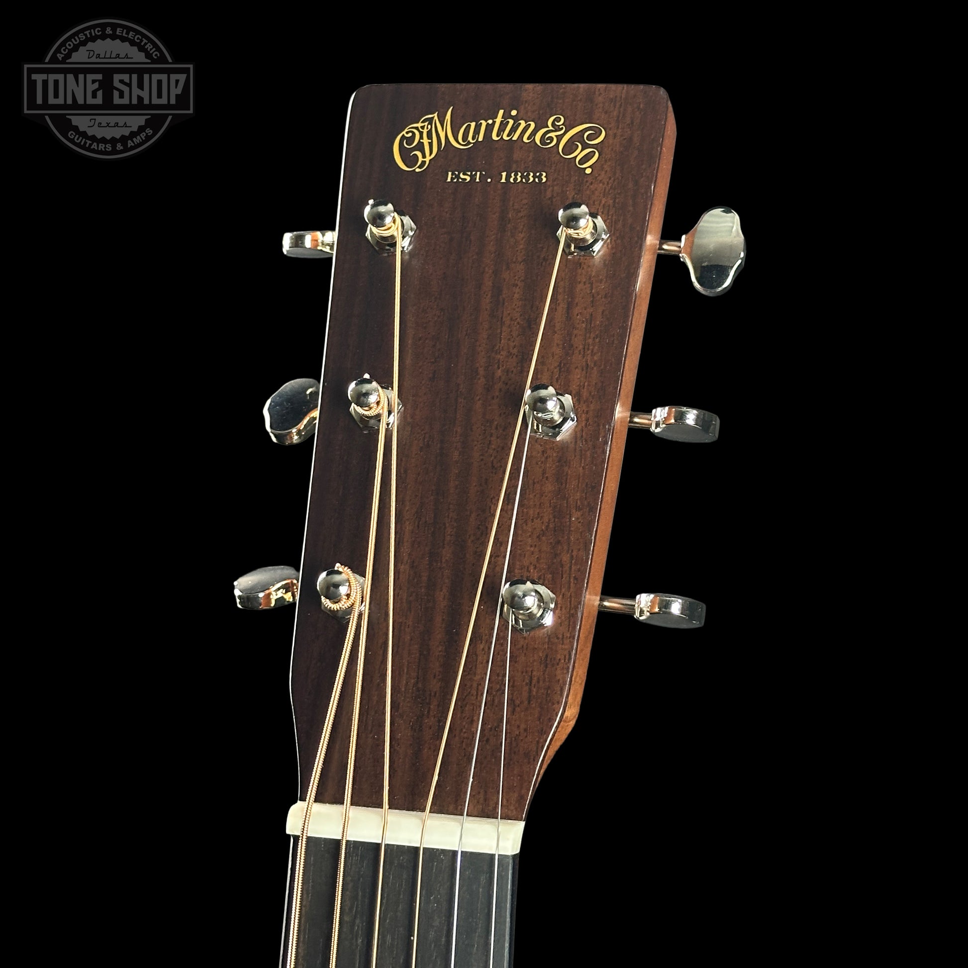 Guitar headstock with 'Martin & Co' branding on a black background