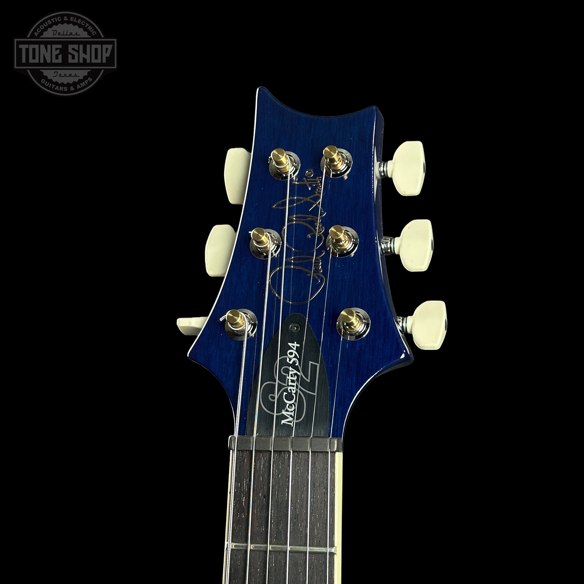 Headstock of PRS S2 Wood Library McCarty 594 Singlecut Quilt Makena Blue.