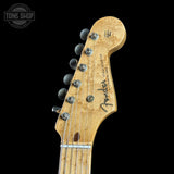 Headstock of Fender Custom Shop 70th Anniversary 1954 Stratocaster Journeyman Relic Seafoam Green.