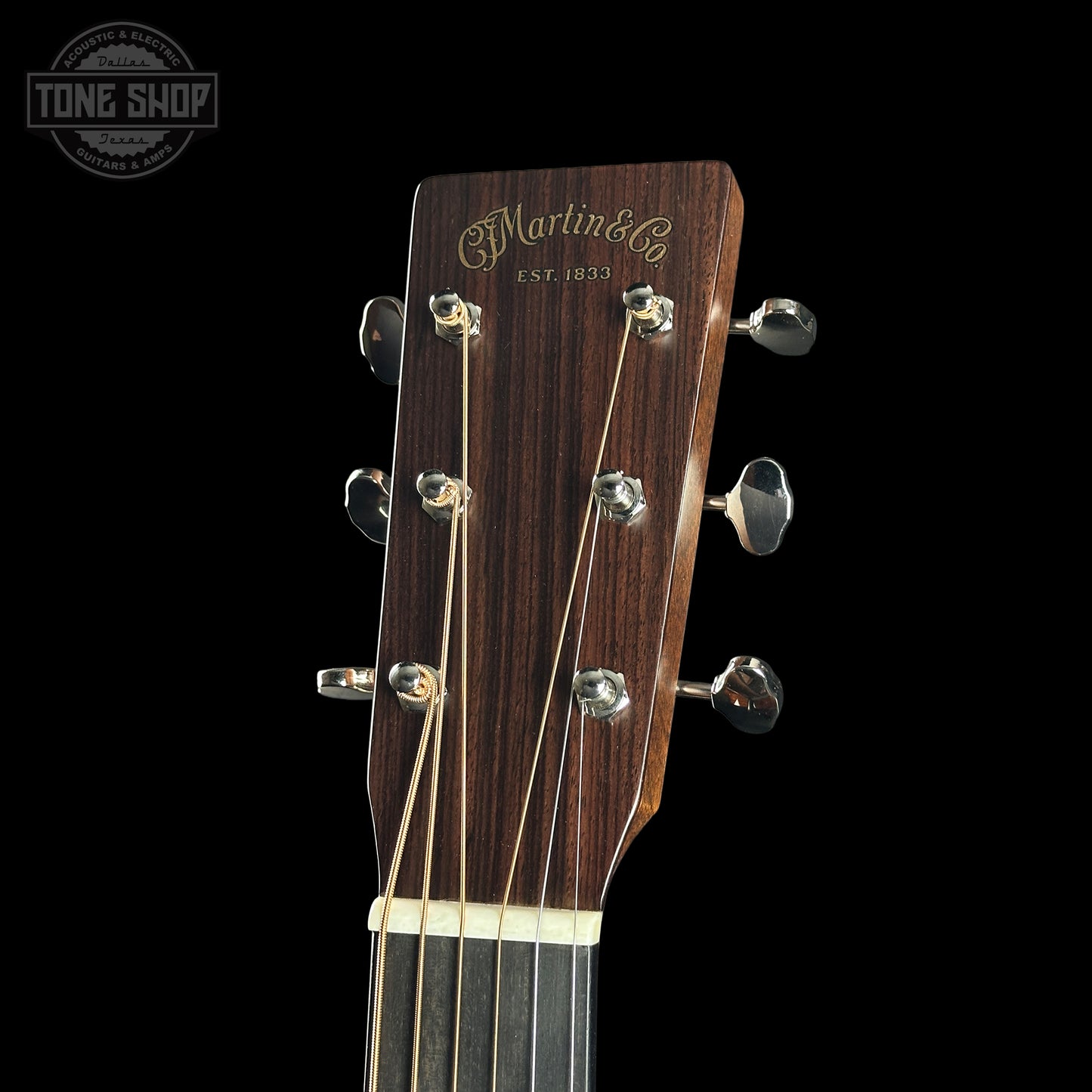Guitar headstock with 'Martin & Co' branding on a black background