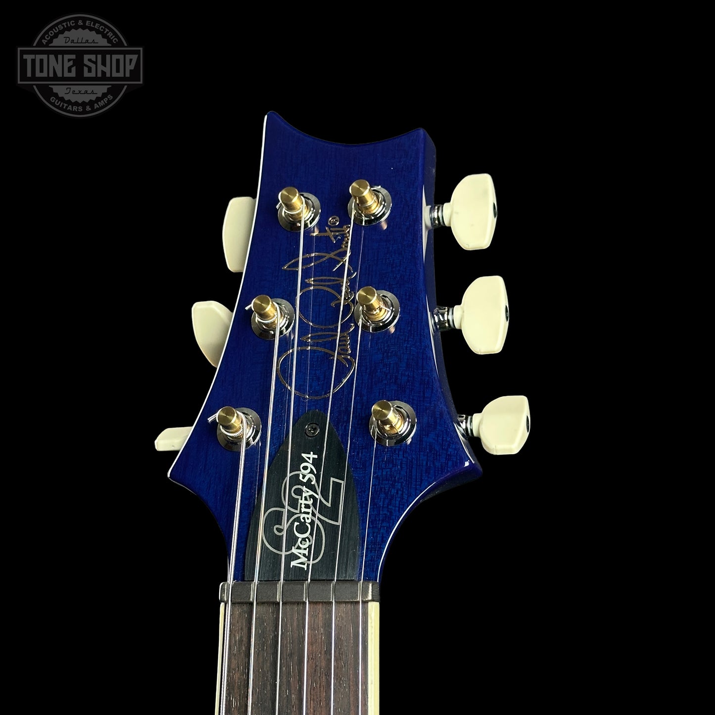 Headstock of PRS S2 Wood Library McCarty 594 Singlecut Quilt Makena Blue.
