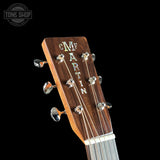 Headstock of Martin Custom Shop Dread 28 Style 1935 Sunburst Adirondack / Wild Grain East Indian Rosewood.