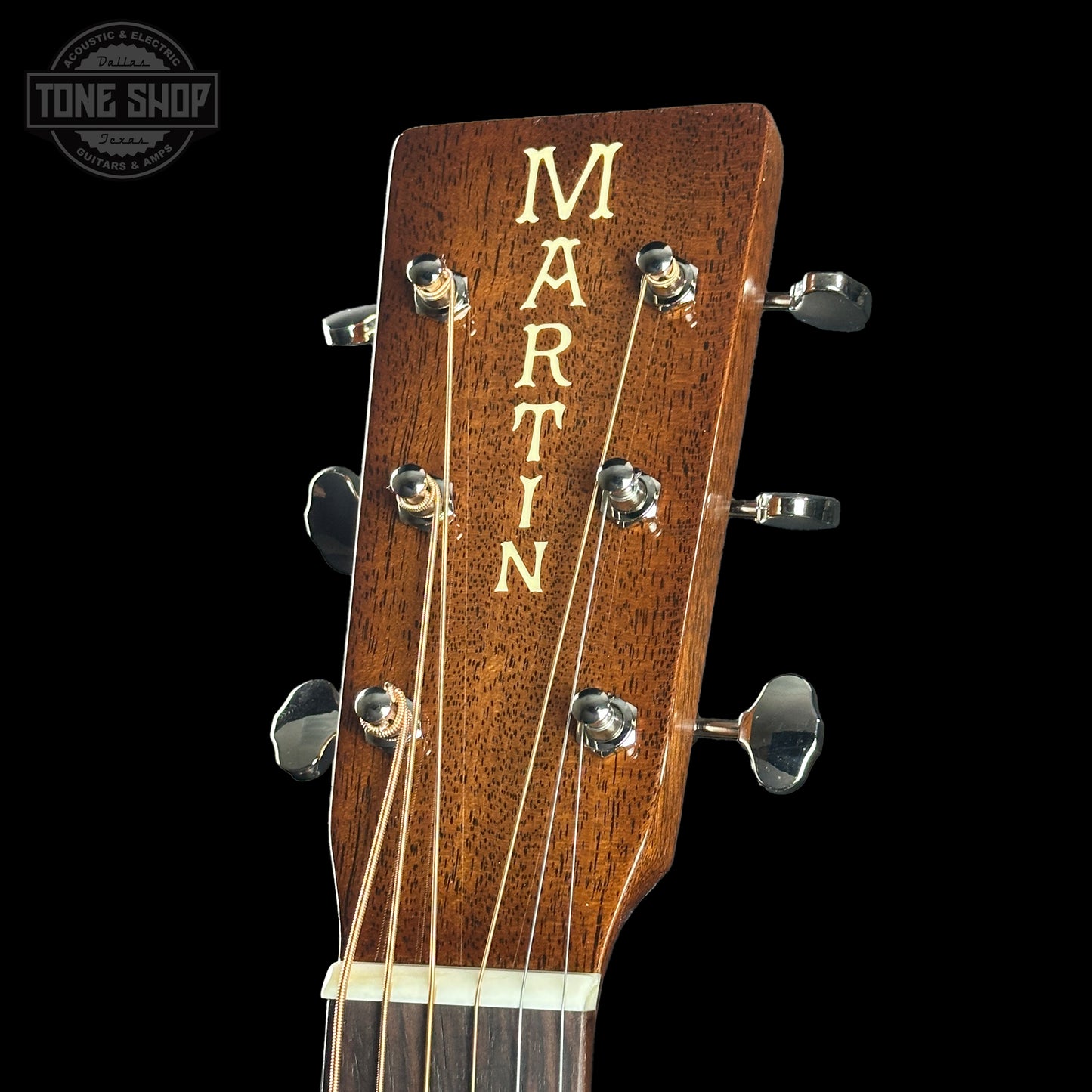 Headstock of Martin Custom Shop Slope Shoulder Dread VTS Spruce/Mahogany Toasted Burst.