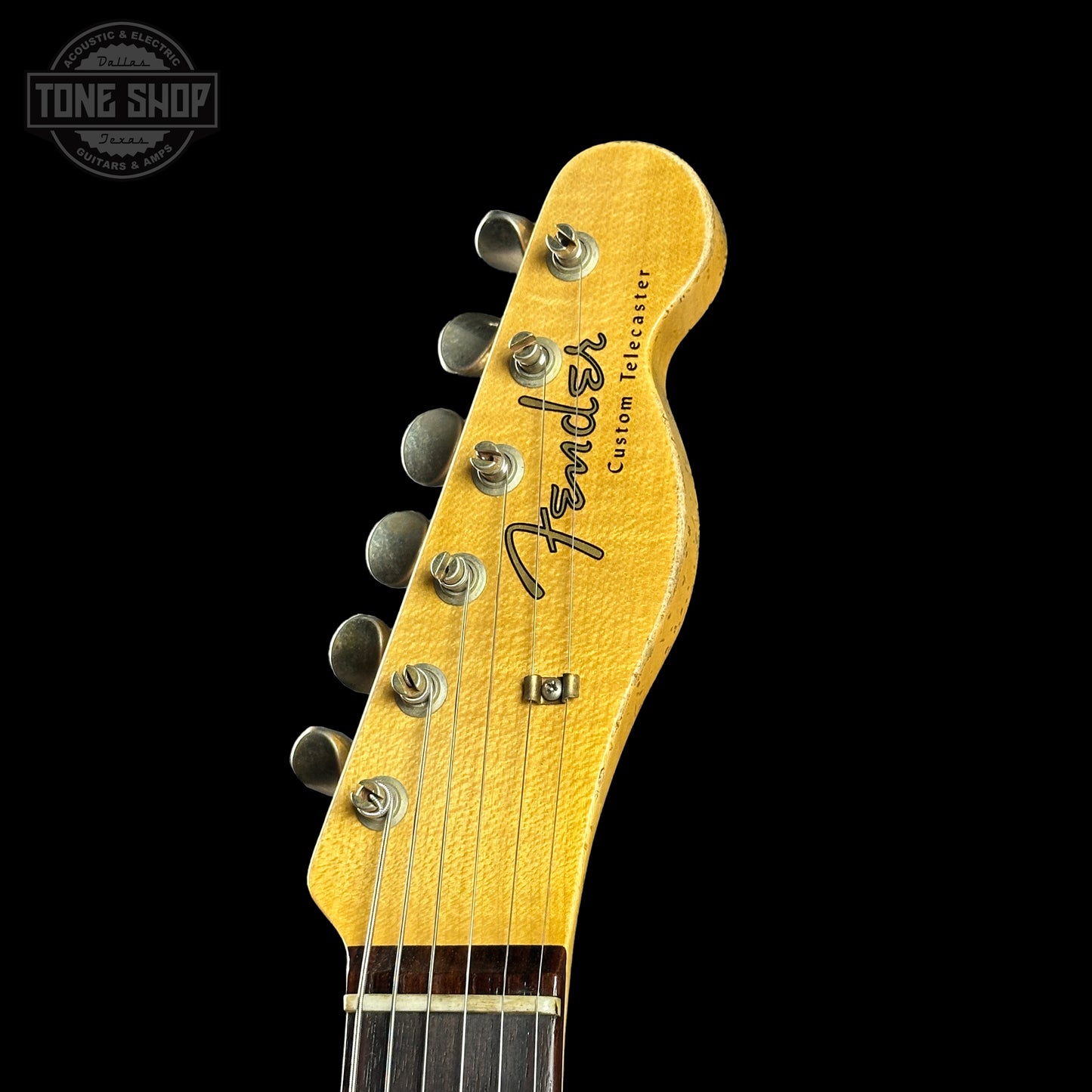 Headstock of Fender Custom Shop Time Machine '60 Tele Custom Heavy Relic Aged Black.