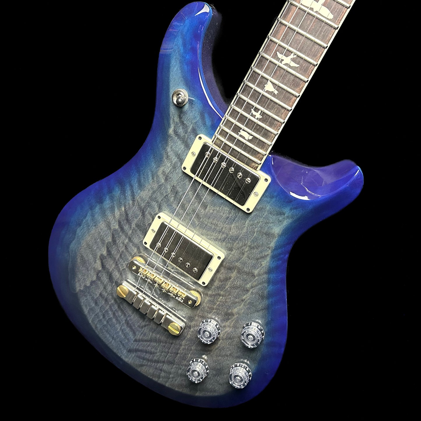 Front angle of PRS Paul Reed Smith S2 McCarty 594 Quilt Faded Gray Black Blue Burst.