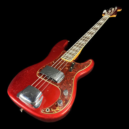 Front angle of Fender Custom Shop Limited P Jazz Bass Journeyman Aged Candy Apple Red.
