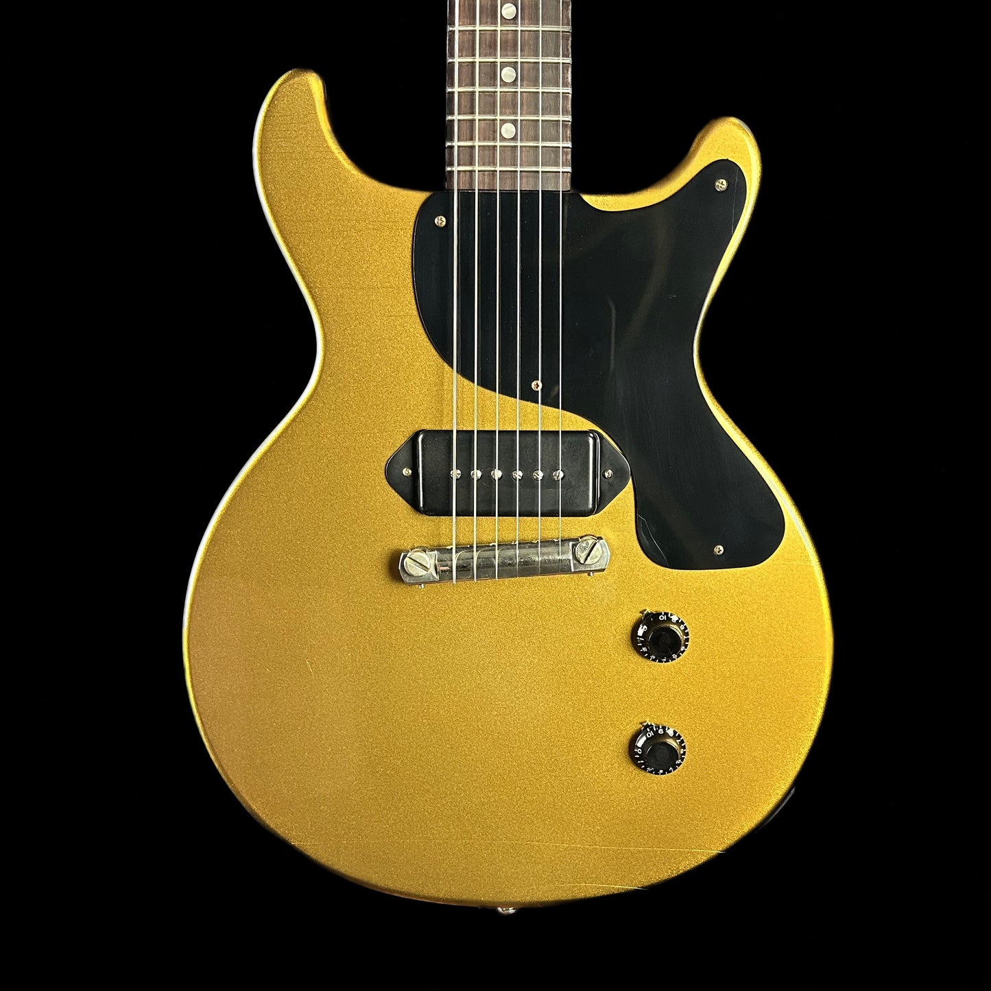 Front of Gibson Custom Shop M2M 58 Les Paul Junior Doublecut Double Gold Murphy Lab Ultra Light Aged.