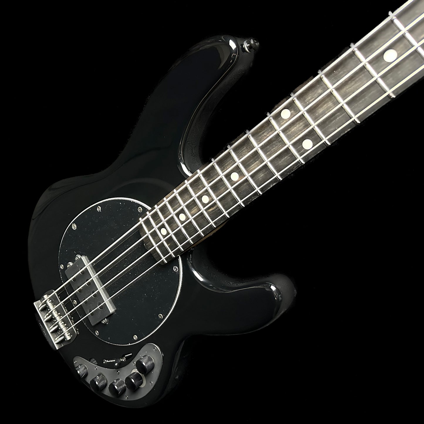 Top down of Ernie Ball Music Man DarkRay Bass Obsidian Black.