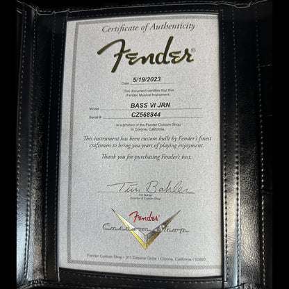Certificate of authenticity for Fender Custom Shop Bass VI Journeyman Relic Vintage White.