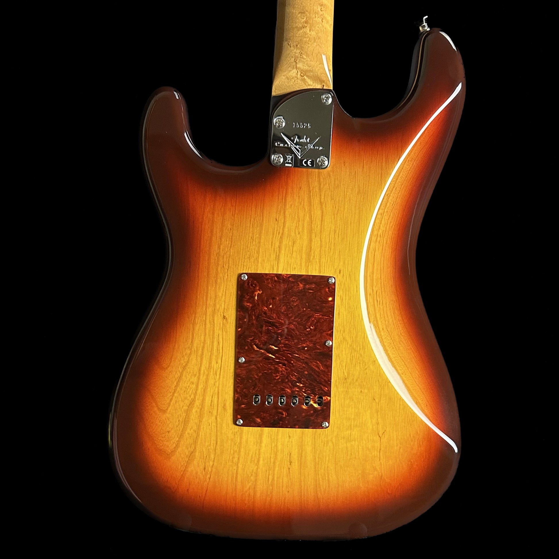 Back of Fender Custom Shop American Custom Strat NOS RW Chocolate 3-Color Sunburst.