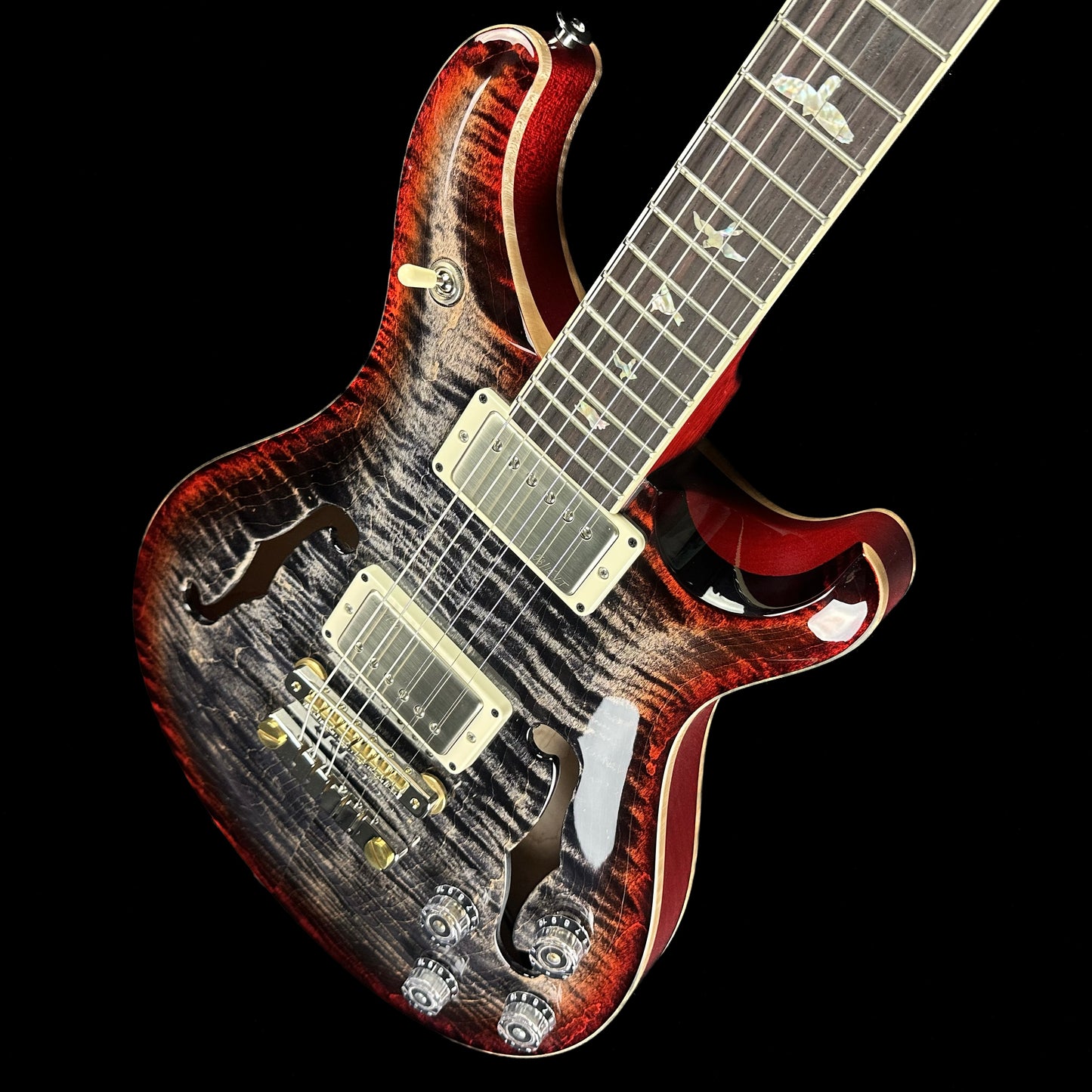 Top down angle of PRS McCarty 594 Hollowbody II Charcoal Cherry Burst Birds.