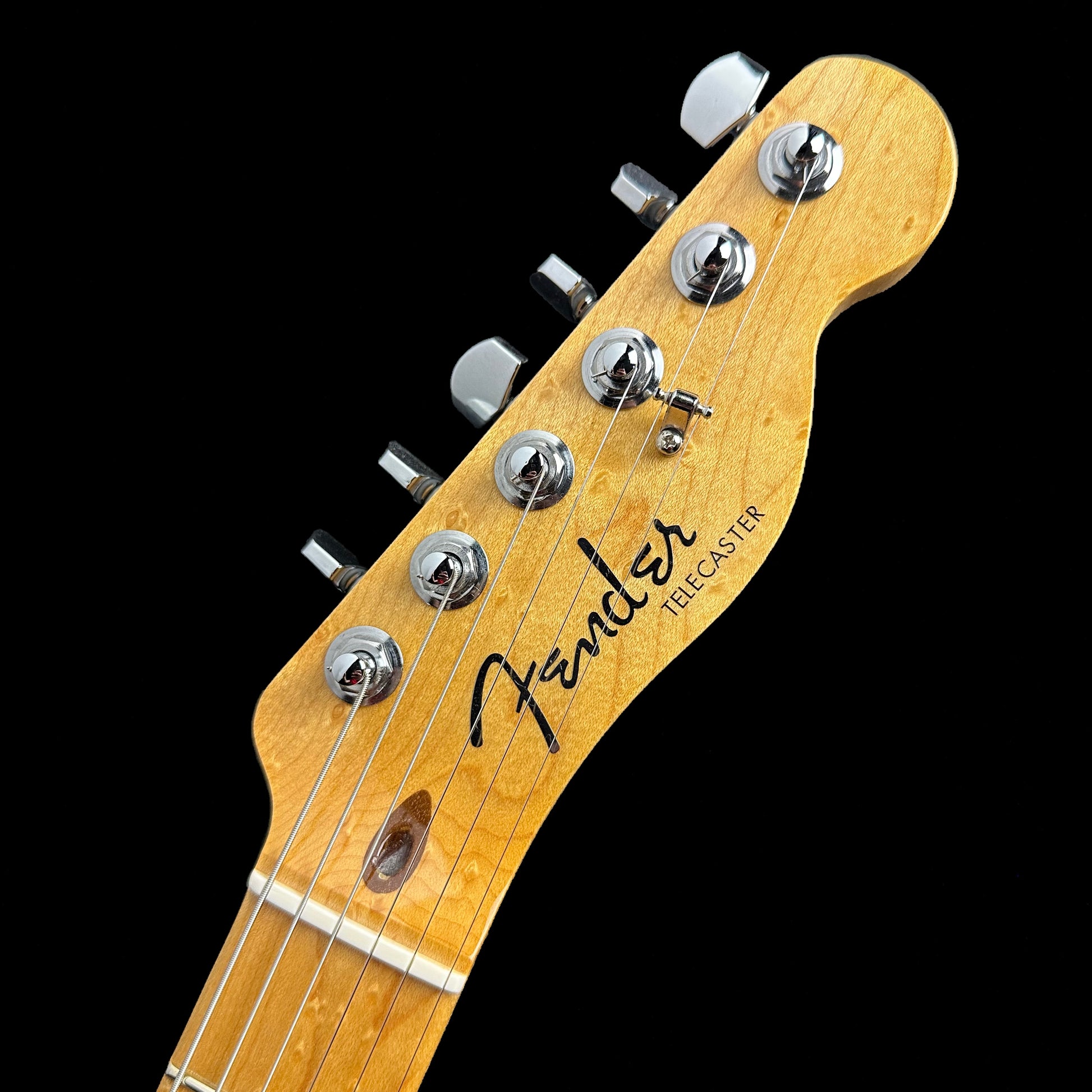 Close up of Fender American Custom Telecaster MP Honey Burst NOS headstock.