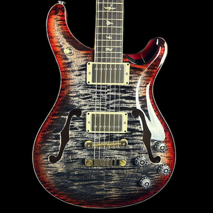 Front of PRS McCarty 594 Hollowbody II Charcoal Cherry Burst Birds.