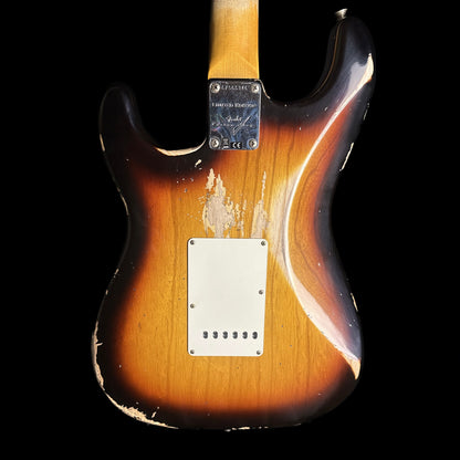 Back of Fender Custom Shop Limited Edition '62 Strat Heavy Relic Faded Aged 3 Color Sunburst.