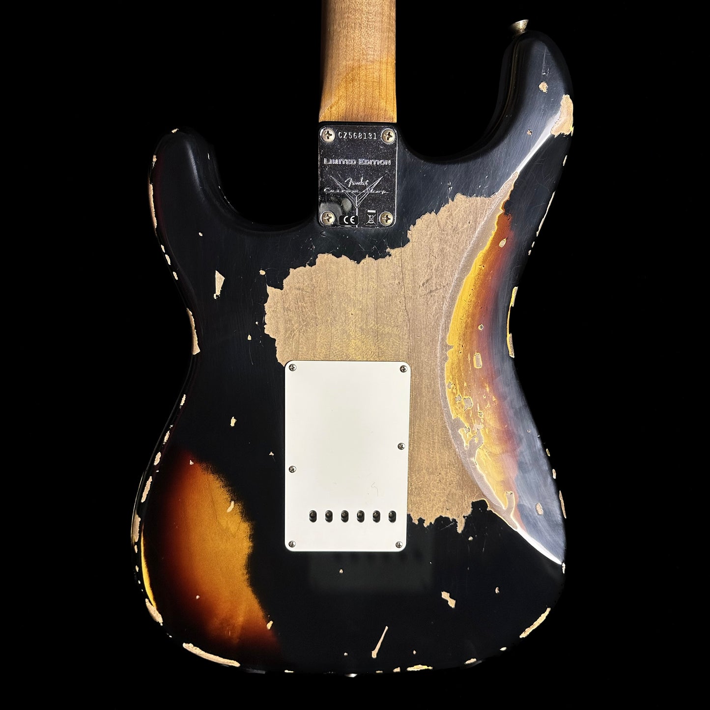 Back of Fender Custom Shop Limited Edition Roasted '61 Strat - Super Heavy Relic Aged Black over 3-color Sunburst.