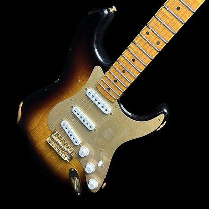 Front angle of Fender Custom Shop Limited Edition '55 "bone-tone" Strat - Relic Wide-Fade 2-color Sunburst.