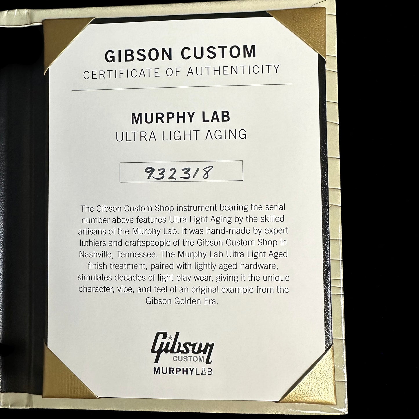 Gibson Custom Shop M2M 1959 Les Paul Standard Chambered Golden Poppy Burst Murphy Lab Ultra Light Aged certificate of authenticity.