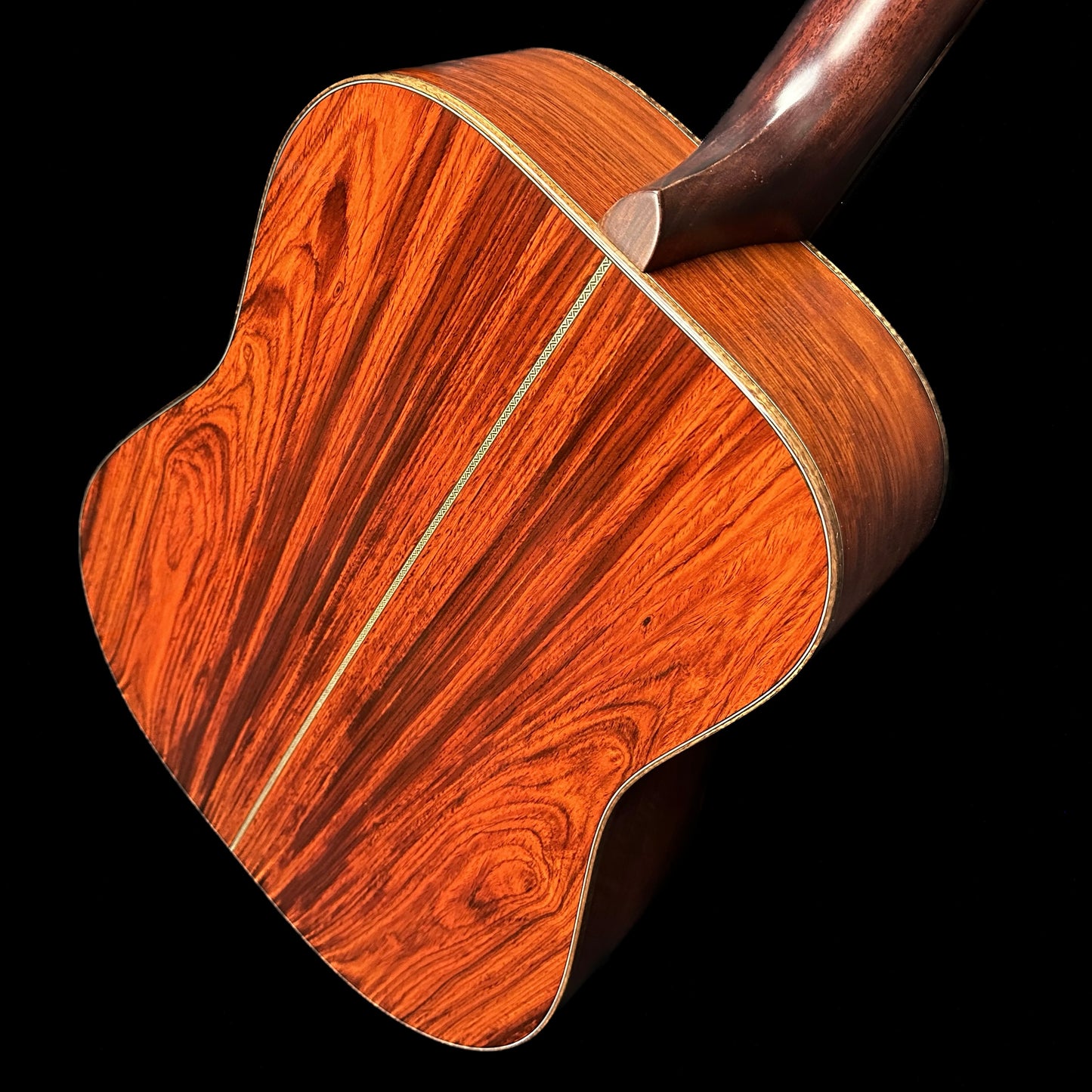 Top down angle of Huss & Dalton TD-R Custom 42 Style Red Spruce Cocobolo back.