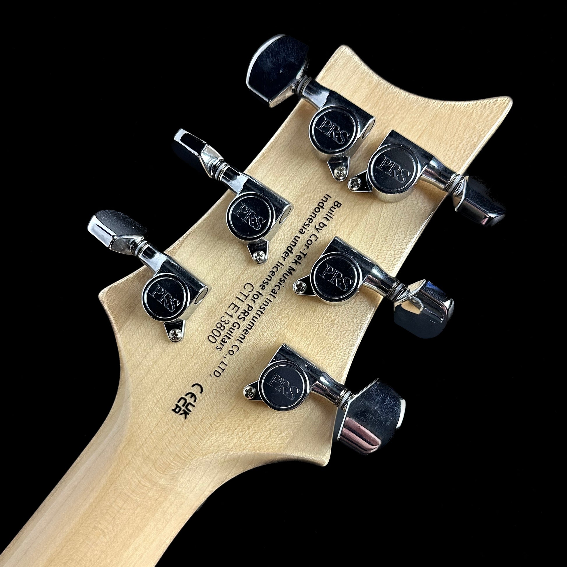 Back of PRS Paul Reed Smith SE Custom 22 Semi-Hollow Santana Yellow headstock.