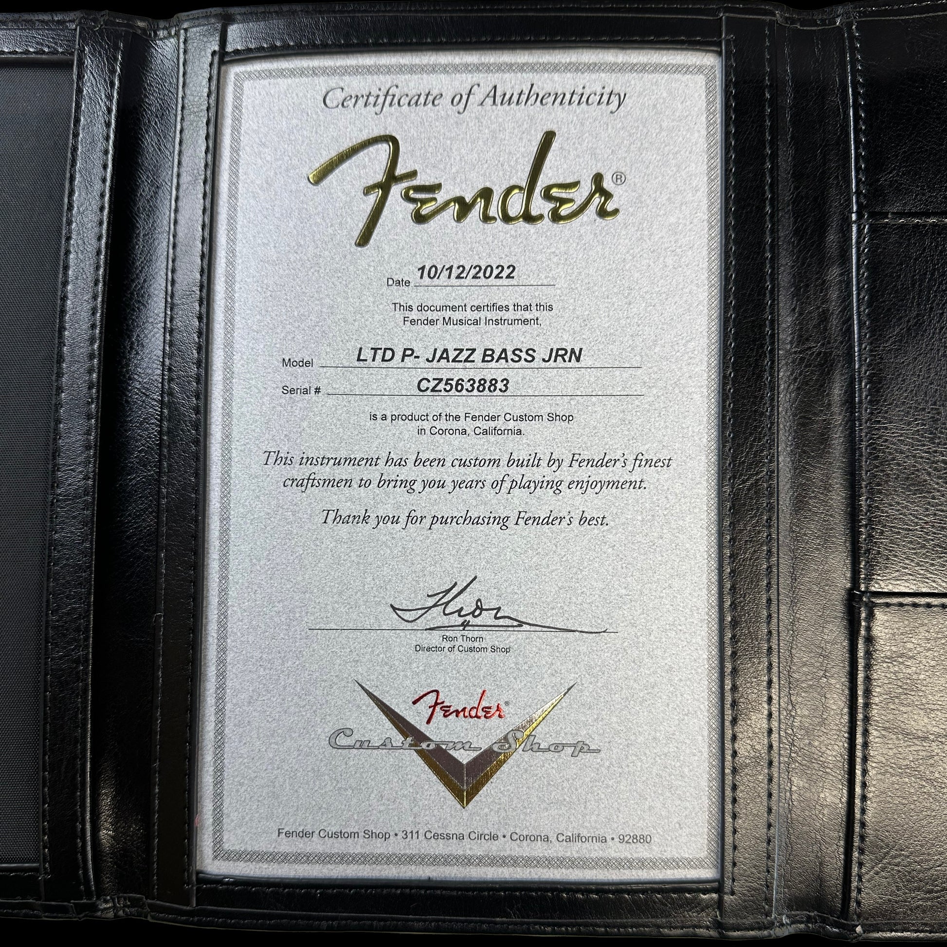 Certificate of Authenticity for Fender Custom Shop Limited P Jazz Bass Journeyman Aged Candy Apple Red.