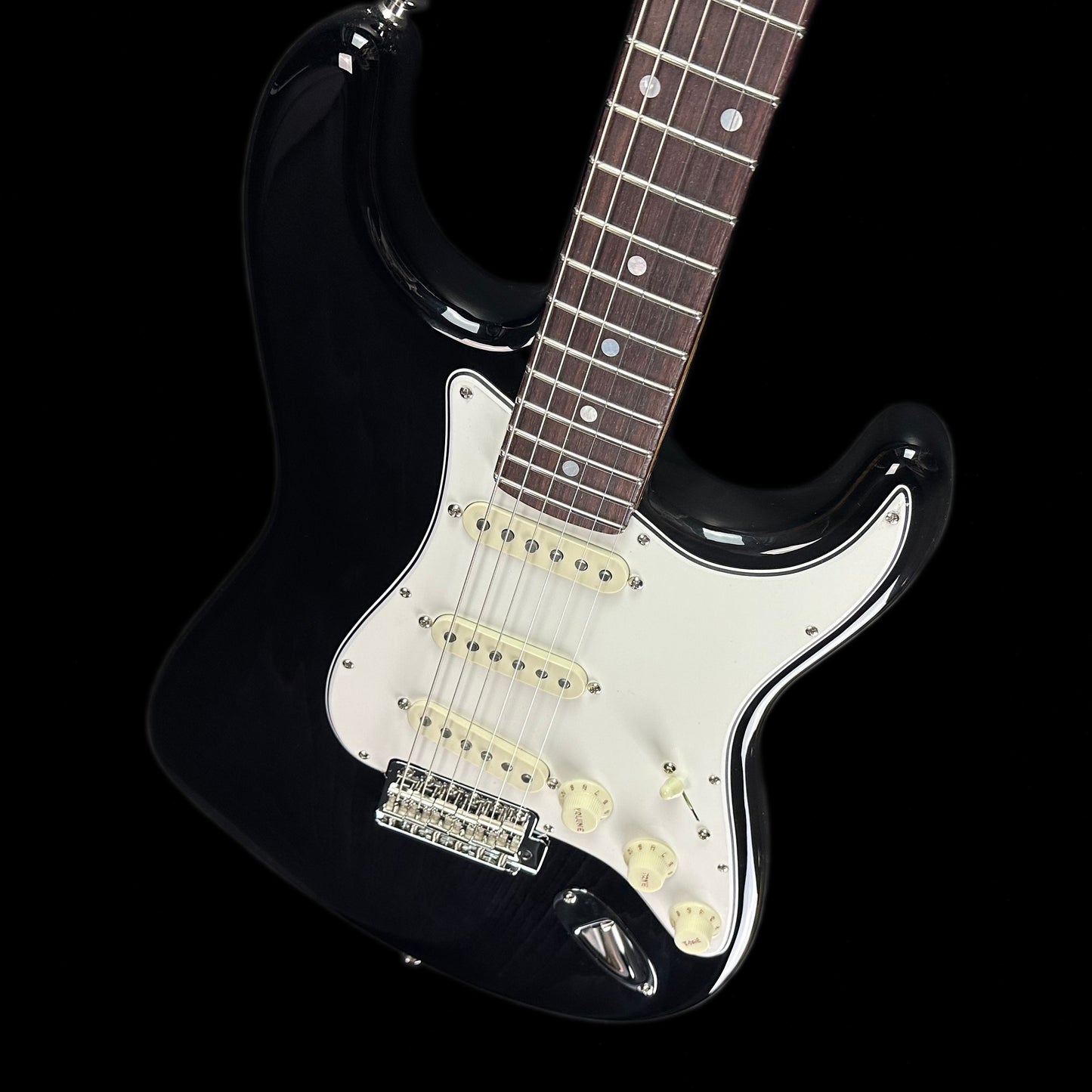 Top down angle of Fender Custom Shop American Custom Stratocaster RW Ebony Transparent.