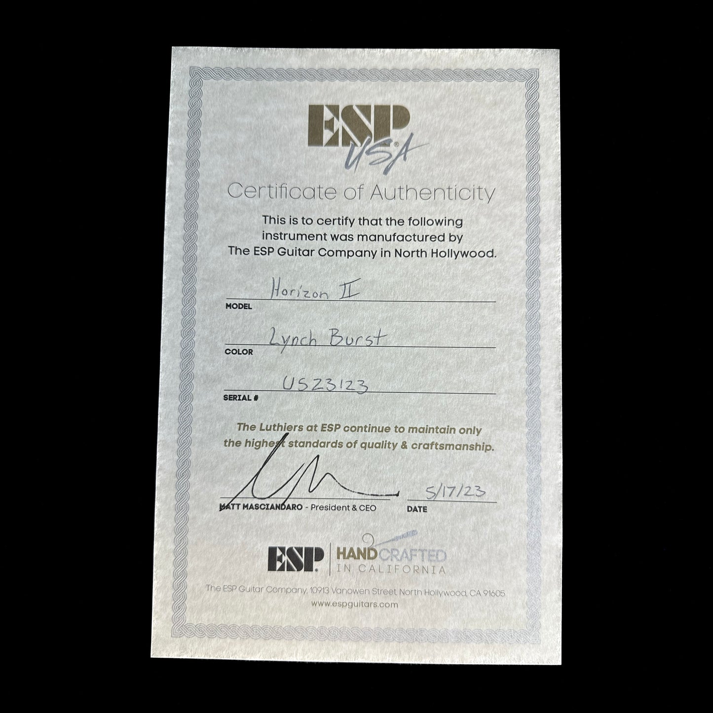 Certificate of authenticity for ESP USA Horizon-II FM Lynch Burst.