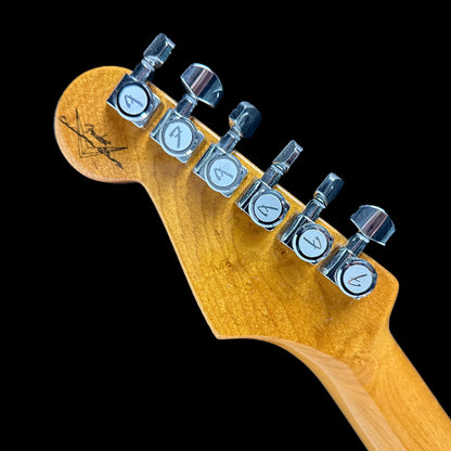 Back of headstock of Fender Custom Shop American Custom Strat NOS RW Amber Natural.