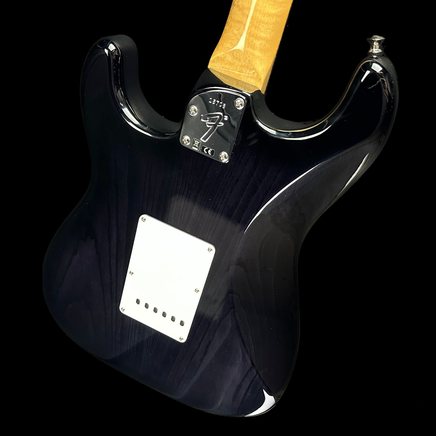 Top down of Fender Custom Shop American Custom Stratocaster RW Ebony Transparent back.