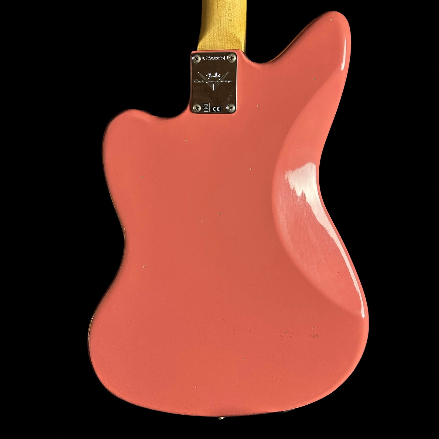 Back of Fender Custom Shop 1962 Jazzmaster Journeyman Relic Super Faded Aged Fiesta Red body.