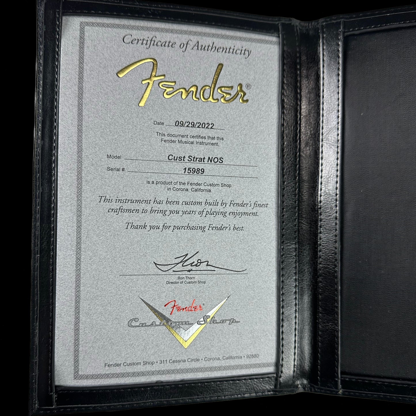 Certificate of Authenticity for Fender Custom Shop American Custom Strat NOS RW Amber Natural.