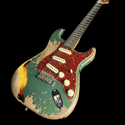 Bottom right angle of Fender Custom Shop  Limited Edition Roasted 1961 Stratocaster Super Heavy Relic Aged Sherwood Green Metallic/3TSB.