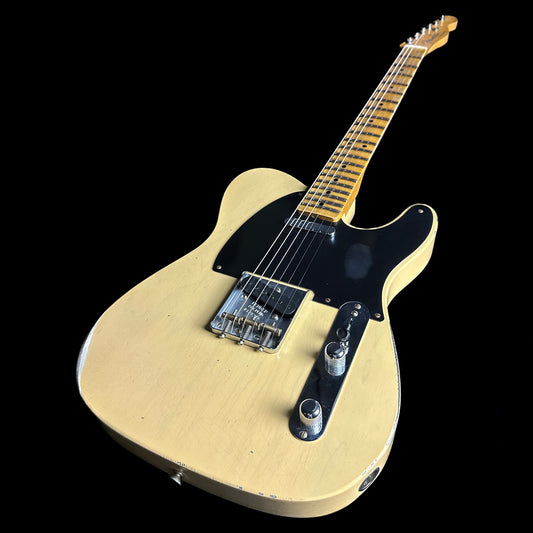 Front angle of Fender Custom Shop 1952 Telecaster Relic Aged Nocaster Blonde.