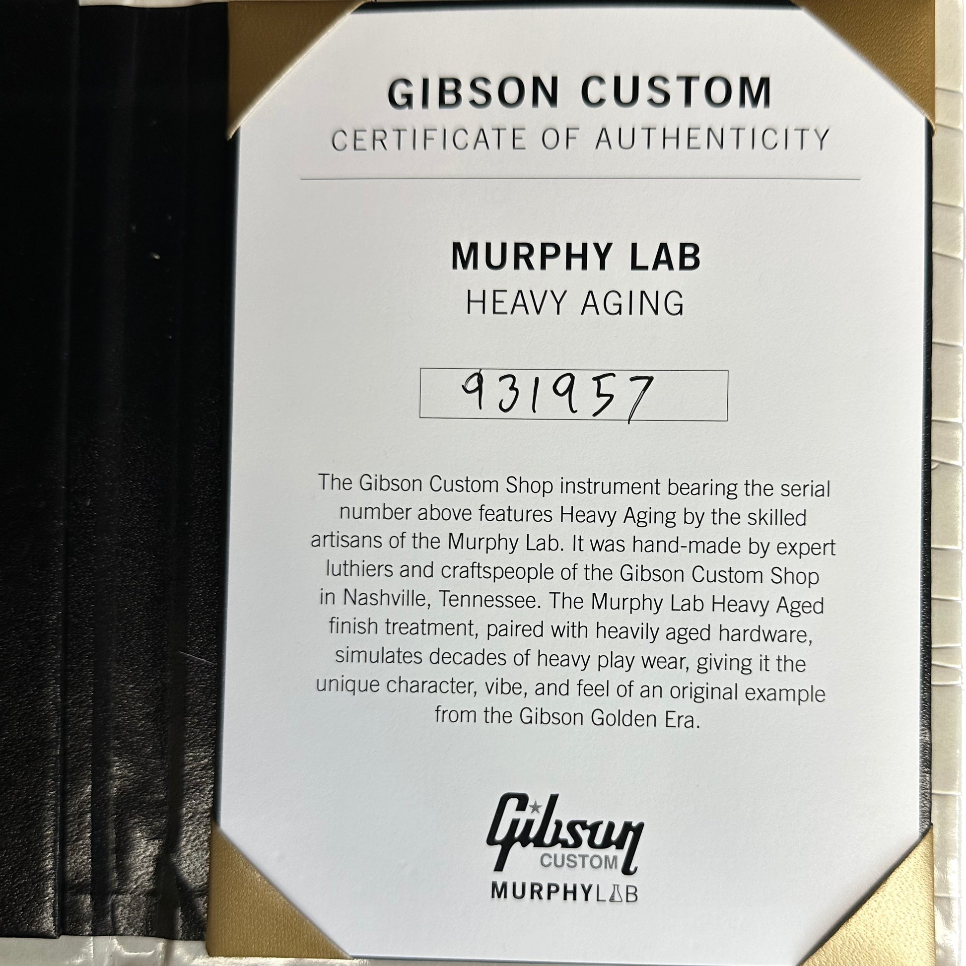 Certificate of authenticity for Gibson Custom Shop Murphy Lab 1959 Les Paul Standard Heavy Aged Slow Iced Tea Fade.