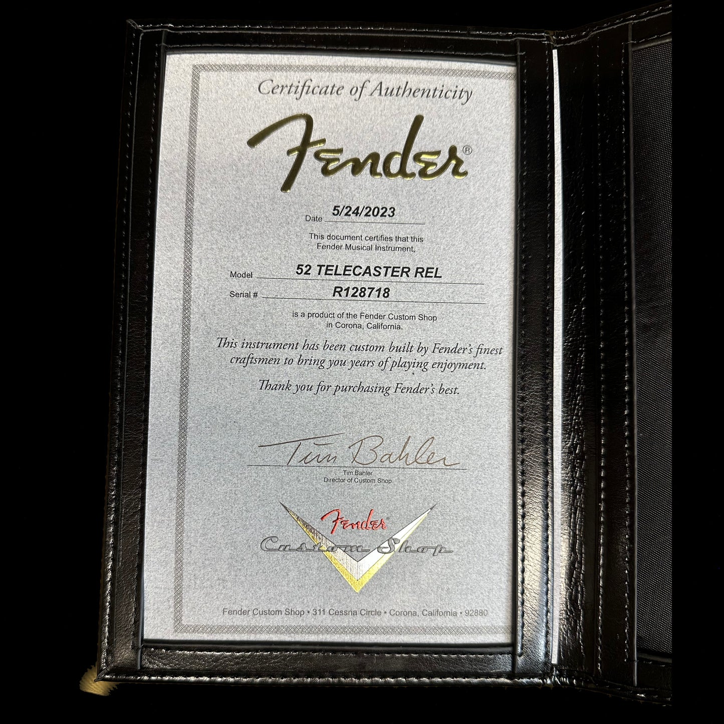 Fender Custom Shop 1952 Telecaster Relic Aged Nocaster Blonde Certificate of Authenticity.