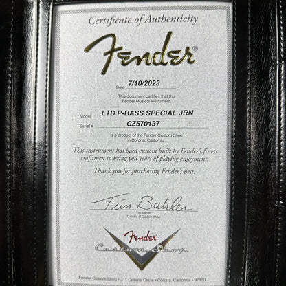 Fender Custom Shop Limited Edition P Bass Special Journeyman Relic Aged Dakota Red Certificate of Authenticity.
