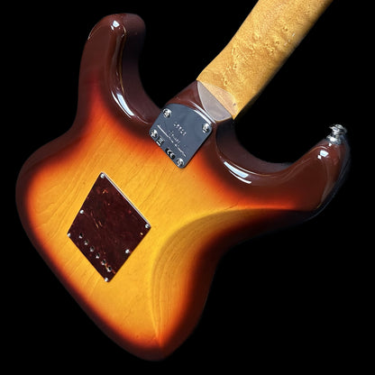 Back angle of Fender Custom Shop American Custom Strat NOS RW Chocolate 3-Color Sunburst.