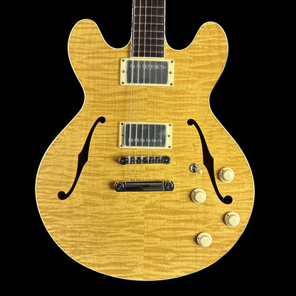 Front of Collings I-35 Deluxe Blonde Flame Top ThroBaks.
